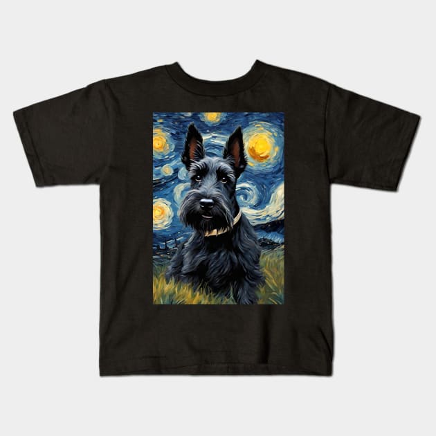 Adorable Scottish Terrier Dog Breed Painting in a Van Gogh Starry Night Art Style Kids T-Shirt by Art-Jiyuu